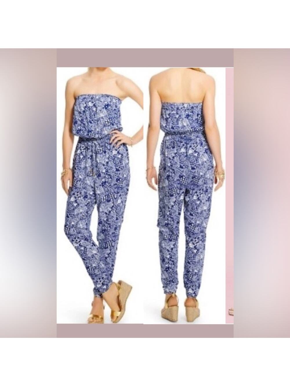 UEC LILLY PULITZER NAVY BLUE & WHITE FISH PRINT STRAPLESS JUMPSUIT SZ L